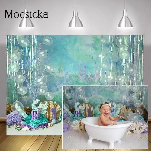 Little Mermaid Cake Smash Photography Backdrop Newborn Baby Birthday Portrait Background Light Blue Under the Sea Balloons Decor