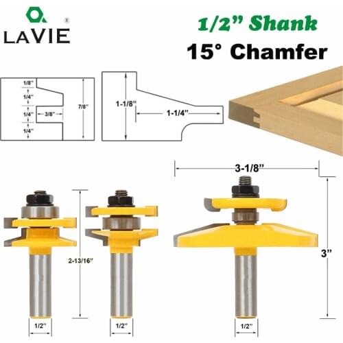 12mm 1/2" Shank 3 Bits 15 Degree Chamfer Cabinet Door Tenon Router Bit Set Rail & Stile Raised Panel Milling Cutter