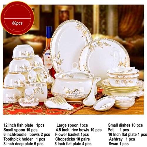 60 Heads jingdezhen ceramics chinese dishes dish set Tableware посуда Soup Bowl Salad Noodles Bowl Plate Dinnerware Sets