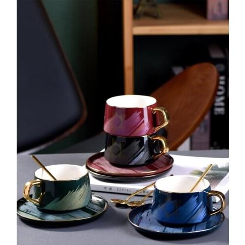 Colorful coffee cup fashion Golden rim ceramic water mug with spoon saucer coffee cup set tea cups gift box package