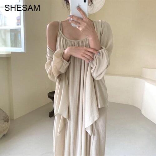 2021 Summer Dress Korean Chic French Simple Leaky Clavicle Pleated Suspender Dress Loose Long Sleeve Shawl Shirt