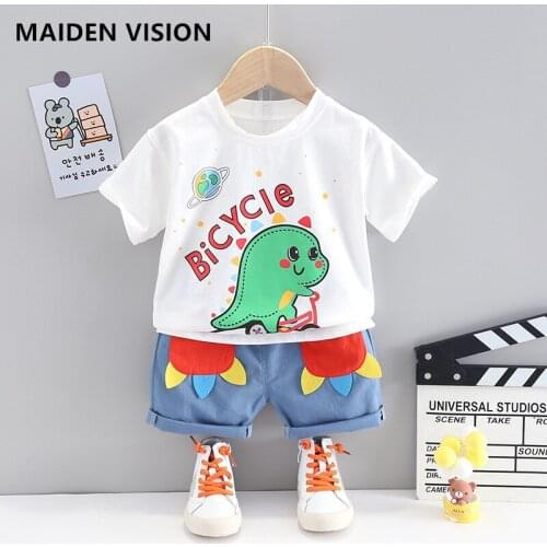 Summer Toddler Baby Boy Clothes Solid Color Cute Cartoons Tops Denim Short Pants 2Pcs girls Oitfits Cotton Casual Clothes