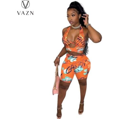 VAZN 2021 Summer Fancy Beach Sexy Open Young Soft Fashion Tank Sleeve Short Pants Slim Women 2 Piece Set Women Wear