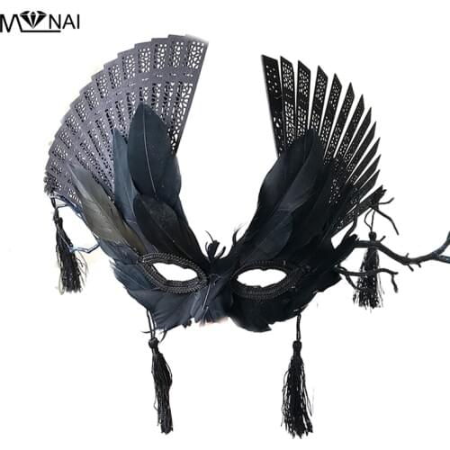 Black Feather Fan Mask Gothic Fancy Dress Tassels Venetian Masquerade Ball Party Carnival Mask Costumes Photograph Accessories