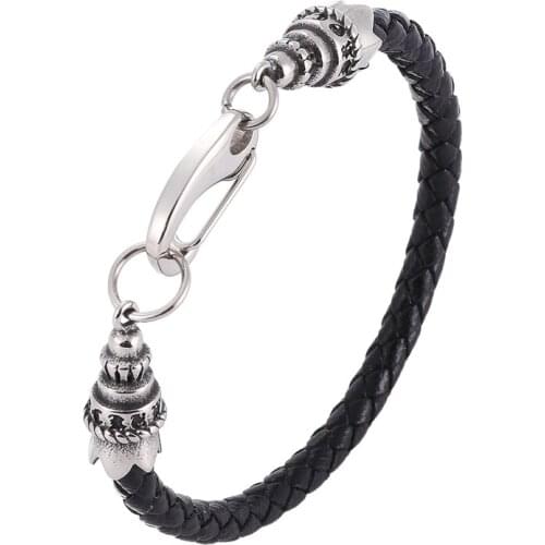 Trendy Black Braided Leather Bracelet Men Stainless Steel Clasp Handmade Wristband Women Jewelry Bangles Gifts PD1096