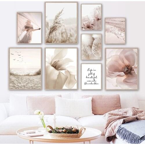 Magnolia Flower Mushroom Reed Beach Girl Wall Art Canvas Painting Nordic Posters And Prints Wall Pictures For Living Room Decor