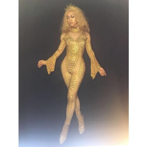 2018 New Gold Crystals Jumpsuit Sexy Nightclub Costume Rompers Women Outfit Diamonds Bodysuit Birthday Celebrate Occasion Wear