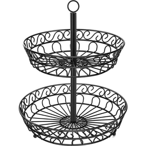 P8DE 2 Tier Metal Fruit Plate Basket Detachable Countertop Vintage Hollow Out Black Tray Stand Holder Decorative Kitchen Snacks