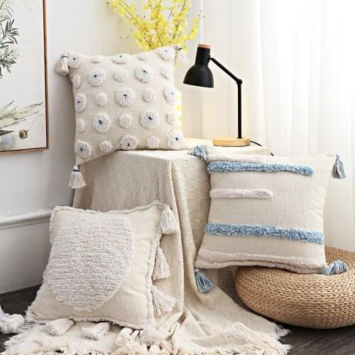 White Blue Boho Style Cushion Plush With Tassels Geometric Moroccan Style Pillow Case Bohemia Macrame Home sofa Decoration