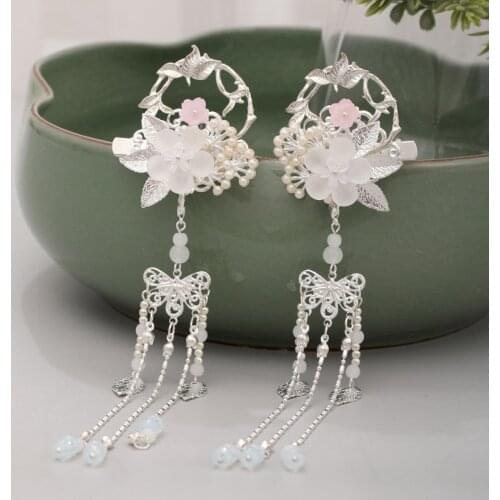 FORSEVEN Silver Color Retro Flower Leaf Pearls Long Tassel Pendant Chinese Hairpins Clips Headpieces for Women Girls Hanfu Dress