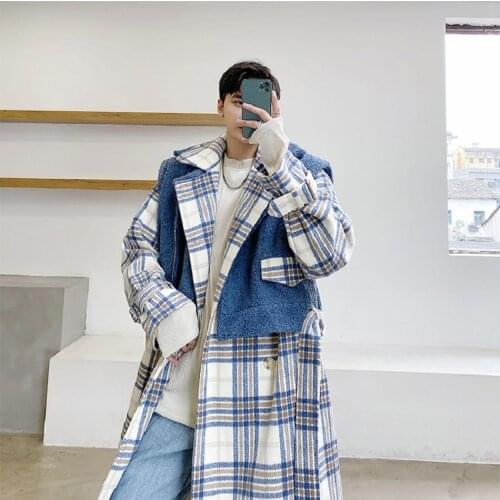 Men Double Breasted 3\4 Long Plaid Wool Trench Coat Outerwear Male Streetwear Vintage Fashion Winter Woolen Jacket Overcoat