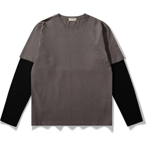 Spring Womens T-shirt Solid Color Classic Round Neck Long Sleeve Fake Two Piece Cotton Top Fashion Casual Comfortable 2021 New