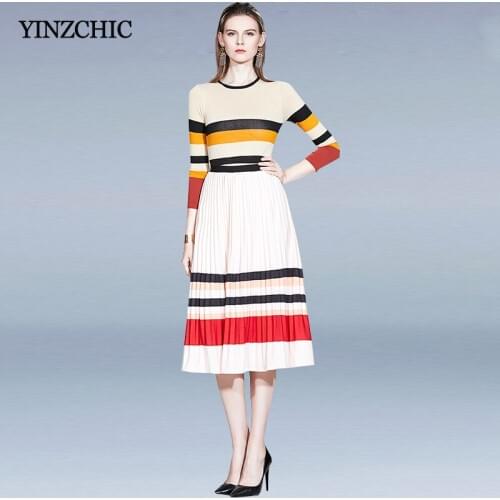 Spring New Woman Two-pieces Set Striped Knit Sweater + Pleated Skirt Suits Woman Elegant Female Sets OL Party Suits