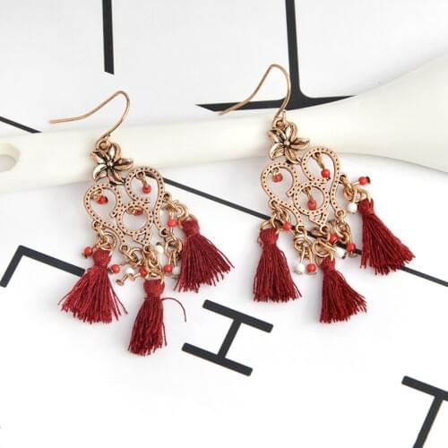 Hollow Flowers Cherry Beads Red Tassel Ear Drops Speed Sell Through the Amazon Foreign Trade Bohemian Lou Earrings Wholesale
