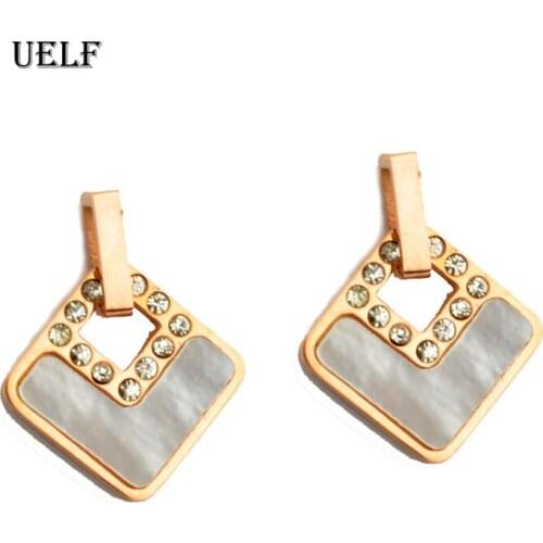 Uelf CZ stud earring gold Square Shell earrings for women Korean earrings zirconia crystal charm Stainless Steel jewelry gift