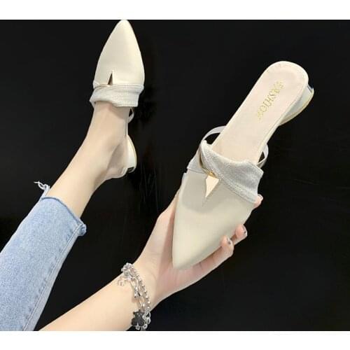 Pointed Toe Slippers Woman New 2021 Summer Fashion Thick Heel Spell Color Pointed Muller Shoes Casual Sandals for Women A039