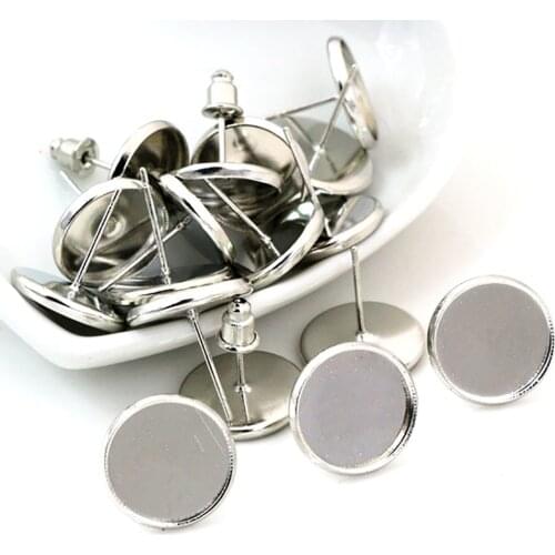 12mm 50pcs White k (Rhodium)Colors Plated Stainless Iron Earring Studs(with Ear plug) Base,Fit 12mm Glass Cabochons -M2-01