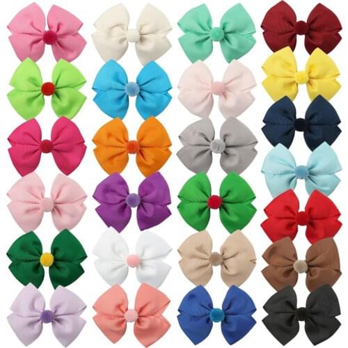 25pcs/lot Grosgrain Ribbon Hair Bows With Clip Mini Pompom Hairpins Velvet Bowknot For Women