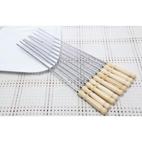 Long thickened stainless steel wooden handle flat stick mutton skewer barbecue tool BBQ iron grill accessories needle 50pcs