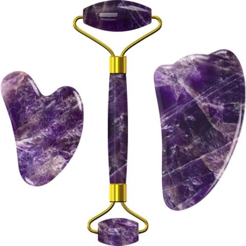 Amethyst Jade Roller And Gua Sha Set for Facial Massage Natural Purple Crystal Guasha Scraper Face Skin Care Tools