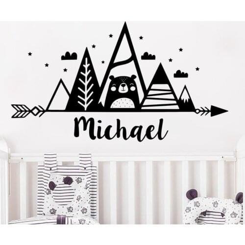 Boys Name Personalized Wall Decal Mountains Woodland Theme Bear Wall Stickers Custom Name Vinyl Kids Room Nursery Decor C340