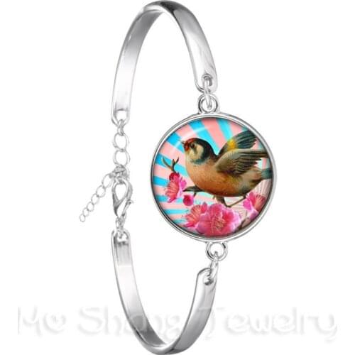 Beautiful Bird Pattern Bracelet Vintage Round Glass Bird 18mm Glass Dome Silver Plated Chain Bangle For Women Girls Gift