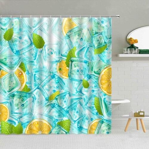 Cool Summer Fruit Shower Curtains Lemon Mint Green Leaves Ice Cube Fashion Bathroom Decor Bathtub Waterproof Fabric Curtain Set