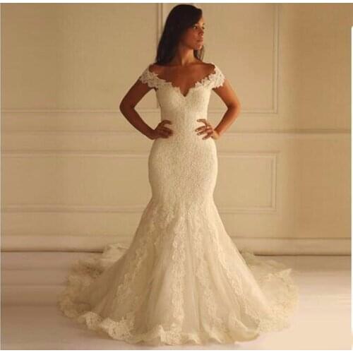 2020 Cap Sleeve V-neck Lace Mermaid Wedding Dresses Chapel Train Zipper Back Tulle Bridal Wedding Gowns