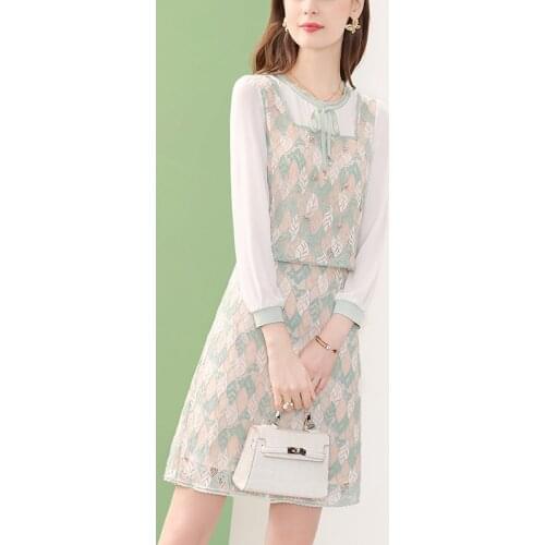 Lace Patchwork Two Piece Set Suit Dress Romantic Office OL Blouse Spring Autumn Female Skirt sets French leaf Floral Women suits