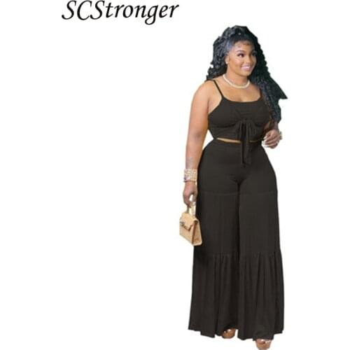 SCSTRONGER Summer Plus Size Sleeveless Womens Fashion Solid Color Stitching Lace Up Women Casual Suit Plus Size Conjuntos 2021