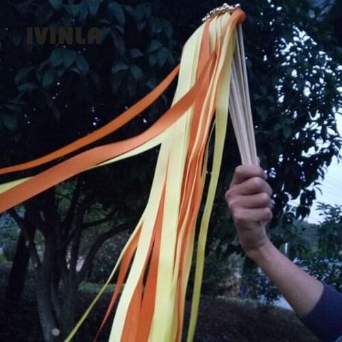 Hot setyle 50pcs/lot Orange and Yellow ribbon wedding stick With gold Bells for wedding decoration