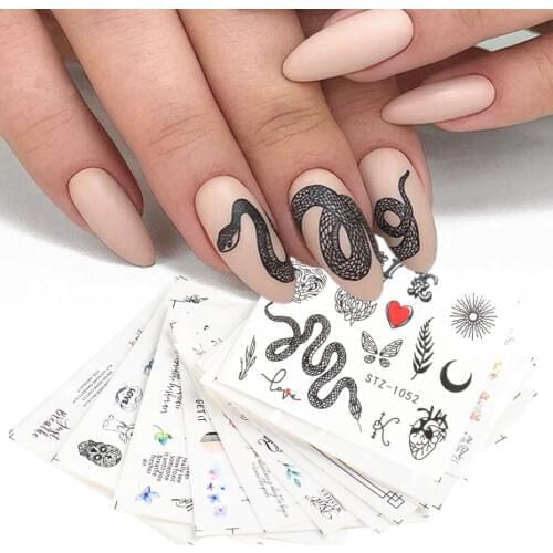 16 Pcs Nail Art Sticker Set Black Snake Letter Love Heart Water Decal Nail Decoration Slider DIY Design Accessory LASTZ1050-1065