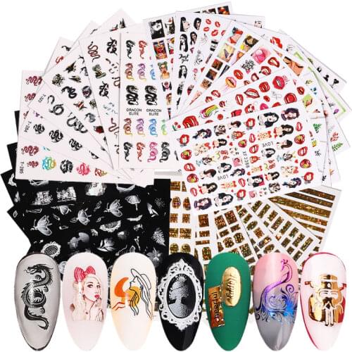 6pcs/8pcs Nail Sticker Set Mixed Letters Leaf Flamingo Dragon Lips Geometric Abstraction 3D Slider Decals Nail Art Decorations