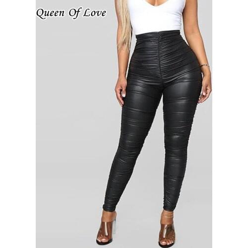 2020 New Pu Leather Leggings Women Skinny Ruched Pants Sexy Bodycon High Waist Female Elegant Long Trousers Club