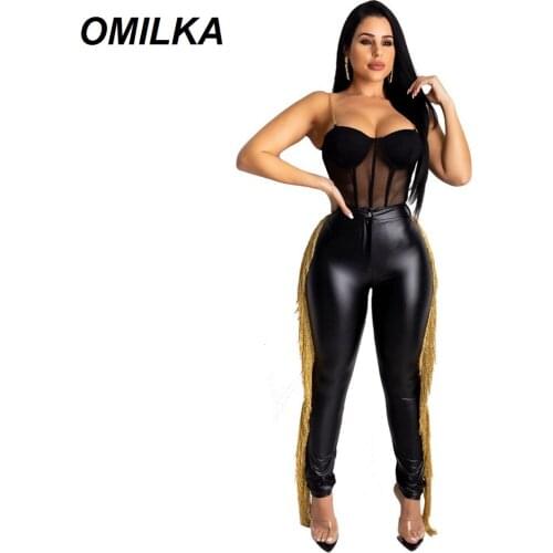 OMILKA PU Leather Tassel Pants 2019 Women High Waist Elastic Skinny Club Streetwear Side Fringe Black Autumn Pencil Pant Trouser