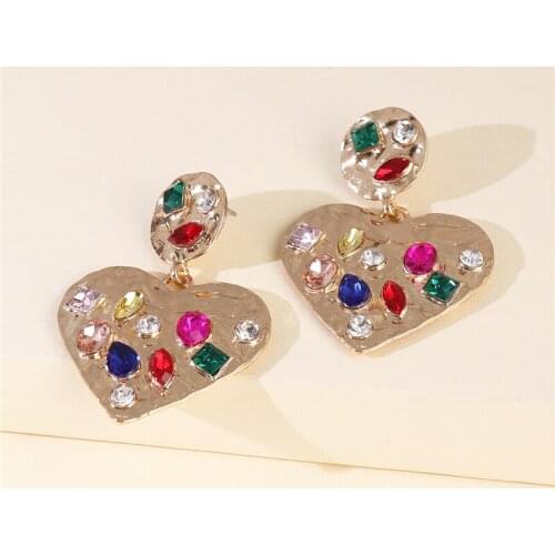 Wholesale JUJIA New Fashion Colorful Rhinestone Drop Earrings Ladies Popular Love Heart Gold Metal Dangle Earrings Accessories