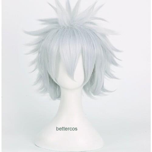 Hunter x Hunter Killua Zoldyck Cosplay Wigs Short Silver White Mixed Purple Heat Resistant Synthetic Hair Wig + Wig Cap