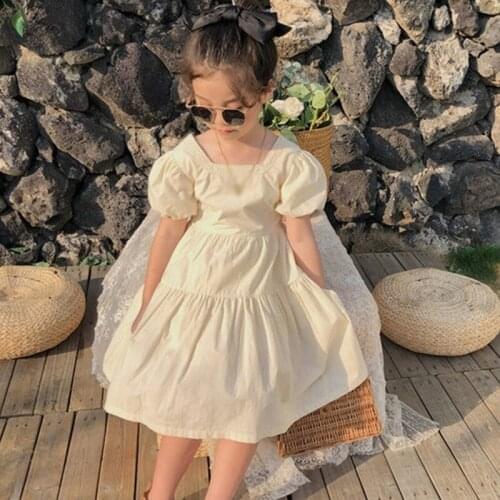 Girls Dress 2021 Summer 2-8Y Baby Girl Puff-Sleeve Backless Dress Kids Sweet Casual Skirt Princess Dress Children Clothing