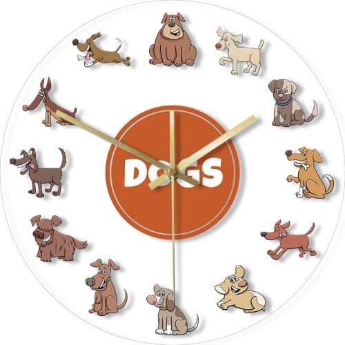 Cartoon Funny Dogs Canine Characters Transparent Acrylic Wall Clock Puppy Pet Shop Decor Wall Hanging Watch Gift For Dog Lover