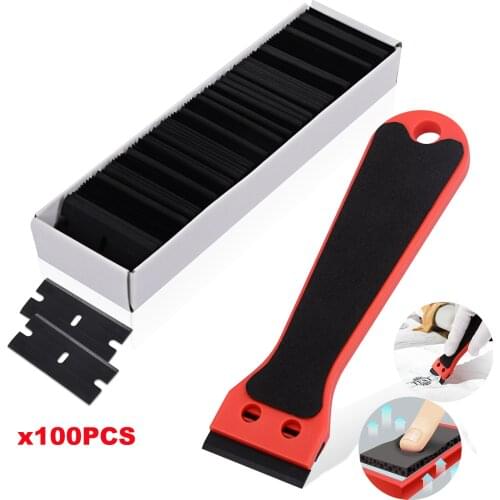 FOSHIO Glue Sticker Remover Dirt Cleaning Scraper+100PCS Razor Blade Carbon Fiber Vinyl Car Wrap Tool Auto Window Tint Squeegee