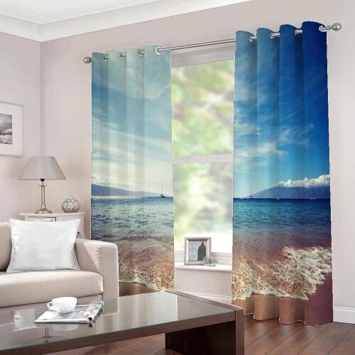 Modern Seaside Landscape Curtains Living Room Bedroom Home Decor HD Blue Sky Scenery Blackout Drapes Indoor Sets