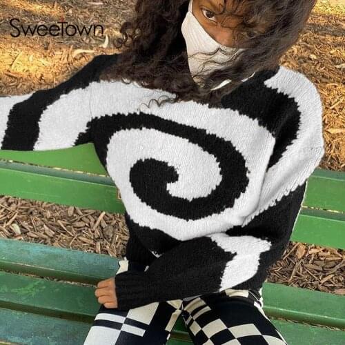 Sweetown Winter 2021 Vintage Paisley Print Y2K Sweaters Women Fairy Grunge Kawaii Knitted Pullovers Crewneck Long Sleeve Jumpers