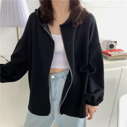 Female Spring Regular Cotton Hoodies Autumn Streetwear Zip-up Oversize Sweatshirt Jacket Trendy Solid Color Women Outwear