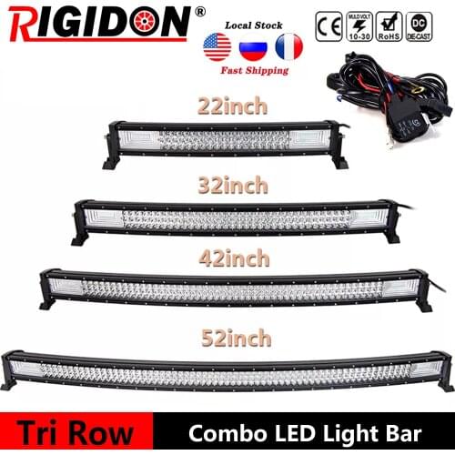 RIGIDON 7D Tri-Row 22/32/42/52inch Curved Led Light Bar Flood Spot Combo Beam for Offroad Boat Truck 4WD SUV ATV With Wiring