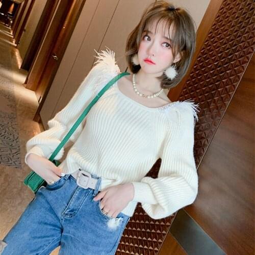 WOmens Crop Sweater 2021 Spring Feather Pearls Beaded Big Round Collar Slim Bodycon Knitted Shirt White/Black Pullover Jumper