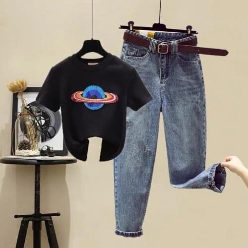 Two-piece Womens Summer New Style Planet Sequined Short-sleeved T-shirt Women + High-rise Ripped Straight-leg Jeans