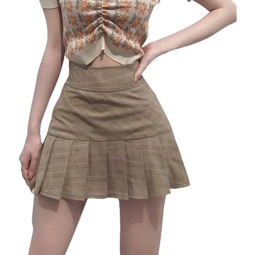 Womens Mini Pleated Skirt, Elegant High Waist Above Knee Plaid A-Line Short Skirt