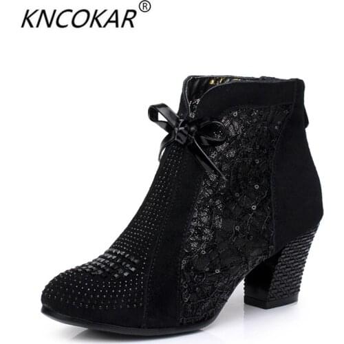 Thick Mid Heel Nubuck Leather Lace Floral Bowknot Pearl Rivets Summer Women Fashion Sandals Ankle Boots Plus Size 32-42