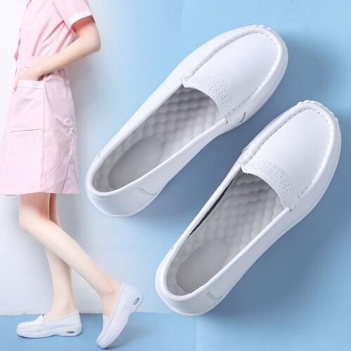 Spring Leather Nurse Shoes Air Cushion Breathable Women White Flat Shoes Comfort High Quality Non-slip Walking Footwear Size 41