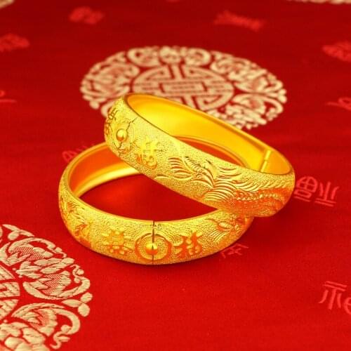 24K Yellow Gold Bracelet Bangle For Women Luxury 15mm Dragon Phoenix Bracelet Hand Chain Wedding Engagement Fine Jewelry Gifts